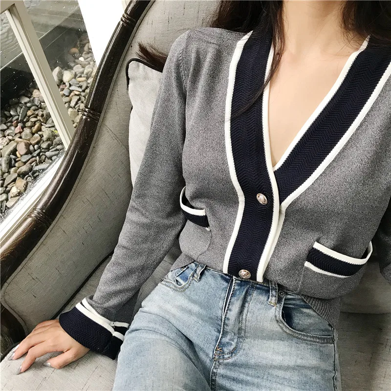 Korean Version of the V-neck Small Fragrance Slim Short Slim Cardigan Sweater  Women's  Jacket Outer