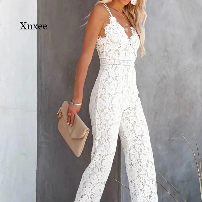 

One Piece Lace Jumpsuit Women V Neck Strap Sexy Sleeveless Embroidery Playsuits Night Party Clubwear Rompers Bodycon Overalls