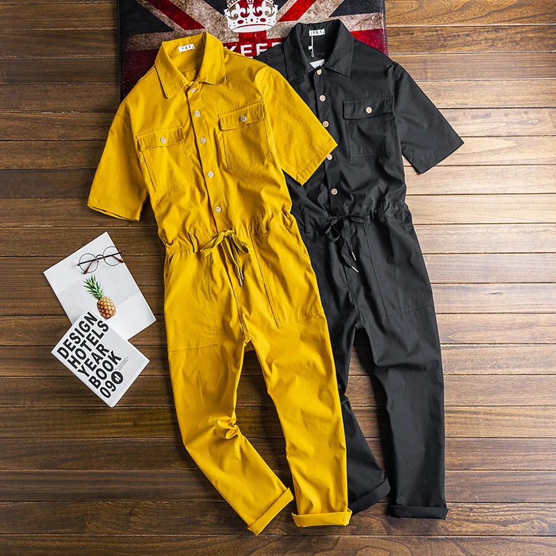 Summer Men Jumpsuit lapel Short Sleeve Ankle Length Hip Hop Streetwear Overalls Black Cargo Pants Loose Leisure Freight Trousers