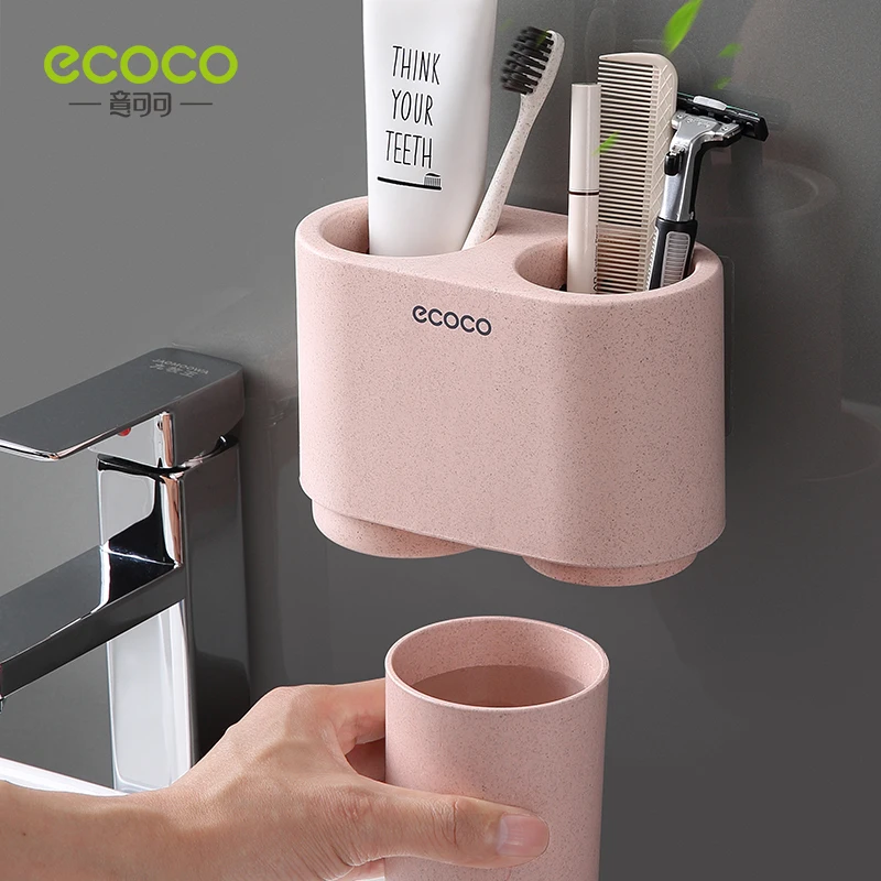 ECOCO Wall-mount Toothbrush Holder Tooth Cup Toothpaste Toothbrush Rack Bathroom Accessories Mouthwash Cup Set for Couples