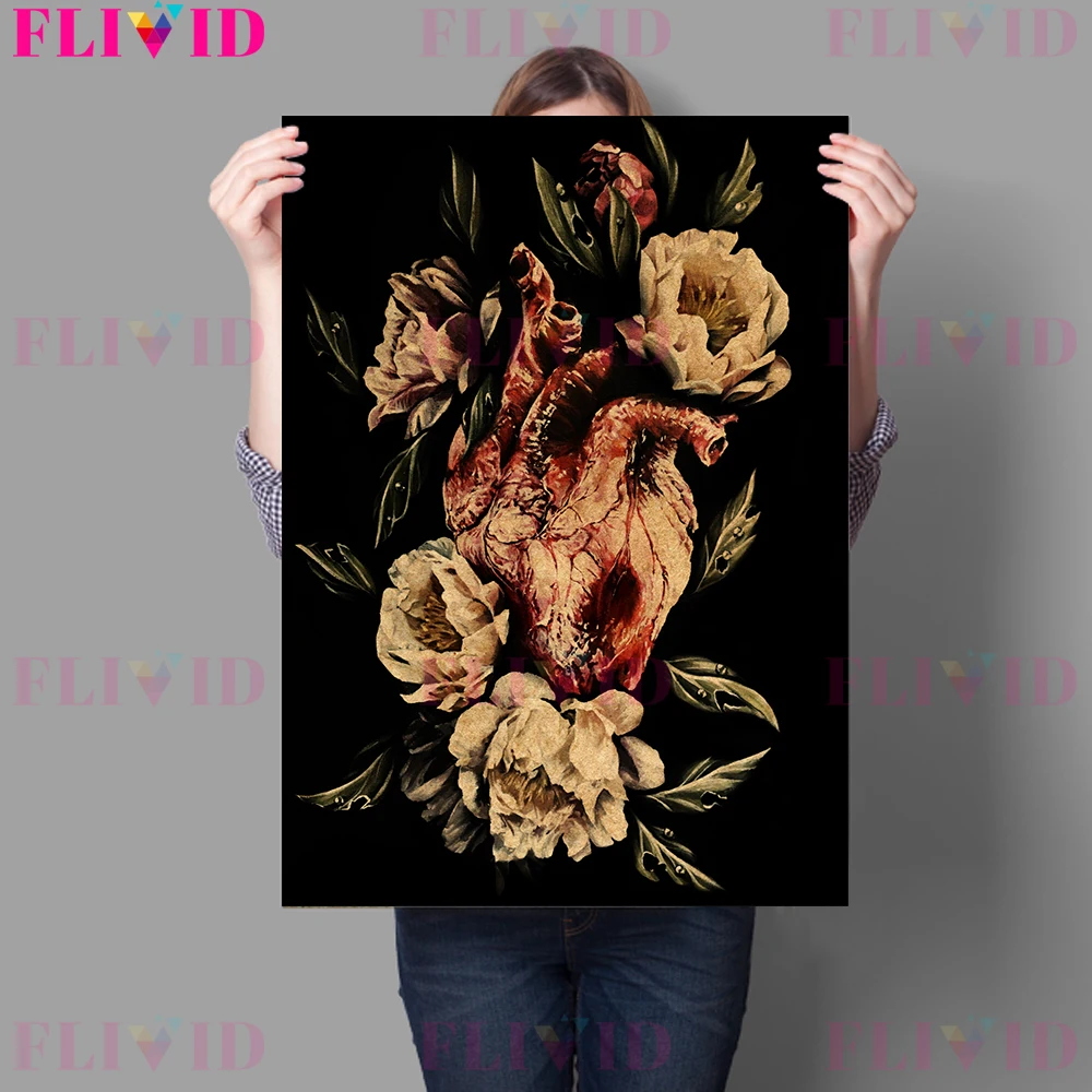 Skulls And Chrysanthemums Skulls Gothic Decor Witch Dark Art Prints Heart,Moth,Owl,Snake And Plants Retro Witchcraft Art Poster