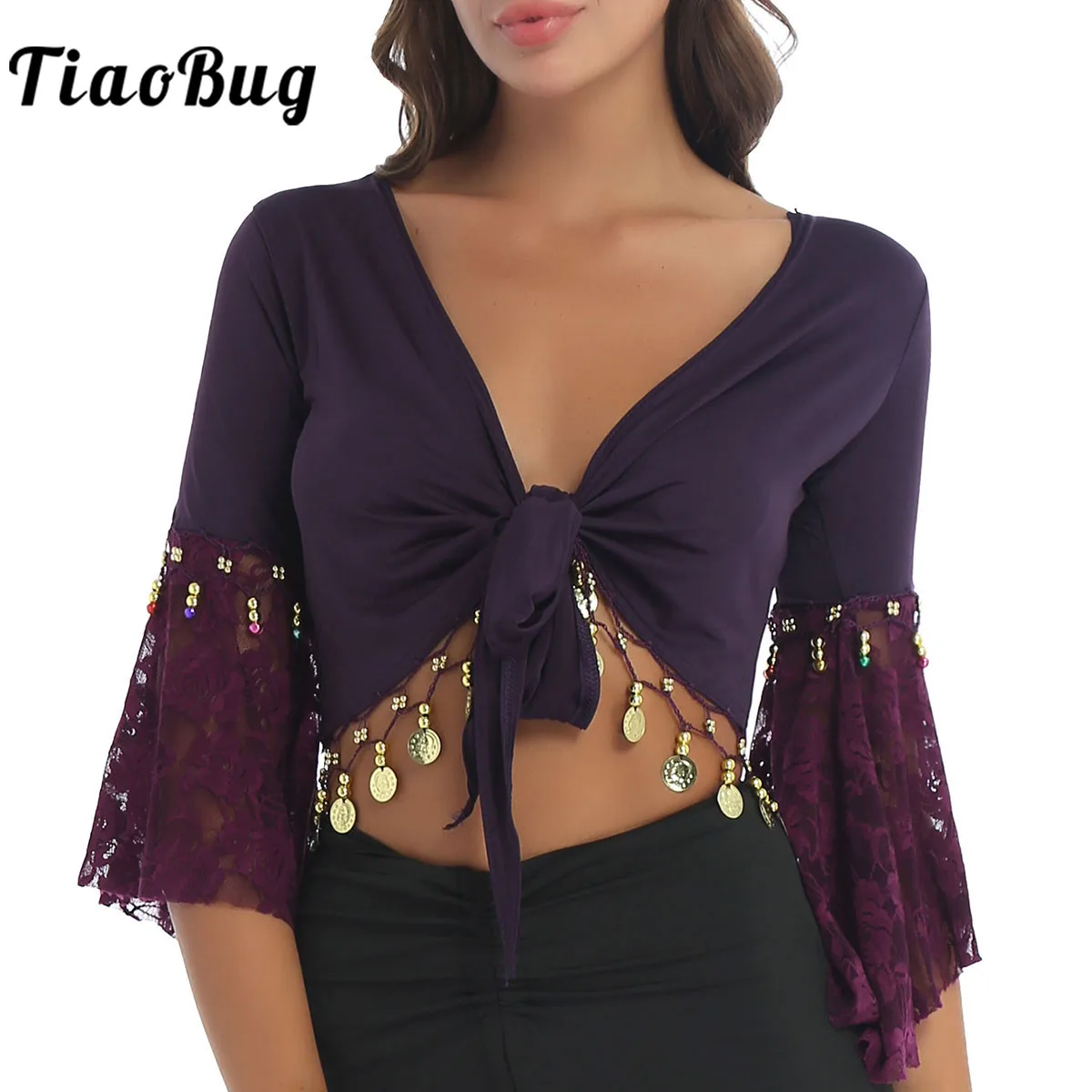 Women Bead Tassels Belly Dance Costume Adult Shiny Lace Patchwork Tie-Up Shawl Shrug Cardigan Dancewear Gold Coin Tops