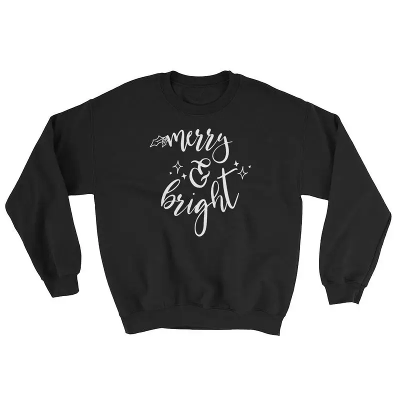 

Kawaii Merry and Bright Christmas Sweatshirt Women Full Sleeve Cotton Clothing Gift Female Letter Print Pullover Harajuku Shirt