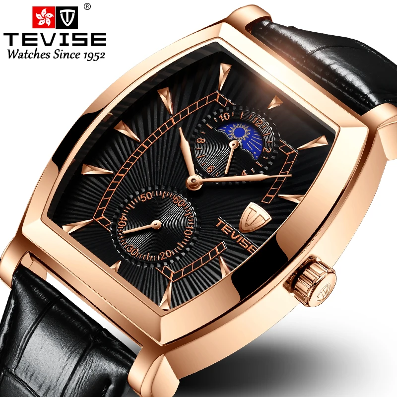 

Hot Sell TEVISE Brand Men Quartz Watch Top Fashion luxury Moon phase Genuine Leather Watches for Gift Relogio Masculino