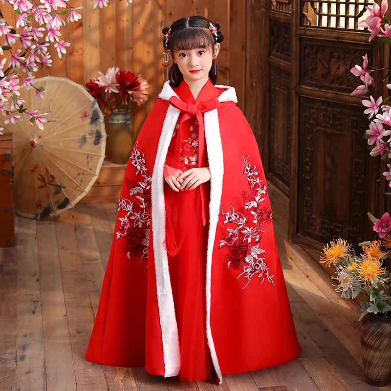 

Winter New Embroidery Girl's Hanfu Cape Long Cloak Chinese Children Ancient Style Mantle Kids New Year's Wear Keep Warm