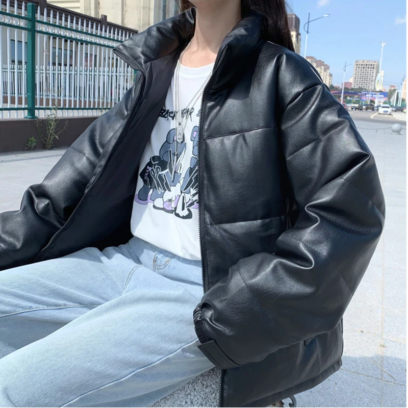 2021 fashion Black PU Leather Short Warm Puffer Bubble Coat Jacket Winter Faux Leather Women's Parka MY43