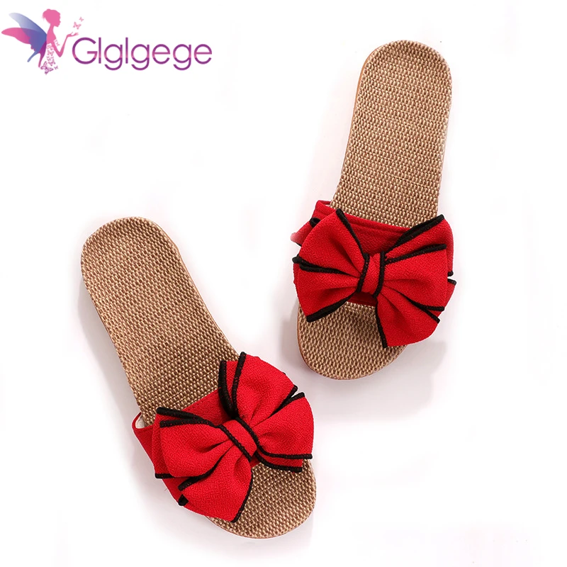 Glglgege Women Summer Casual Slides Comfortable Flax Slippers Striped Bow Linen Flip Flops Platform Sandals Ladies Indoor Shoes