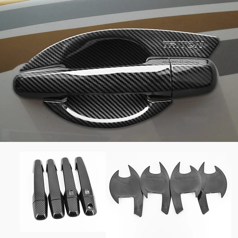 Black carbon fibre car side Door Handle Covers Trims For Mitsubishi Triton L200 Strada Fiat Fullback 2015-2020 2017 2018 2019