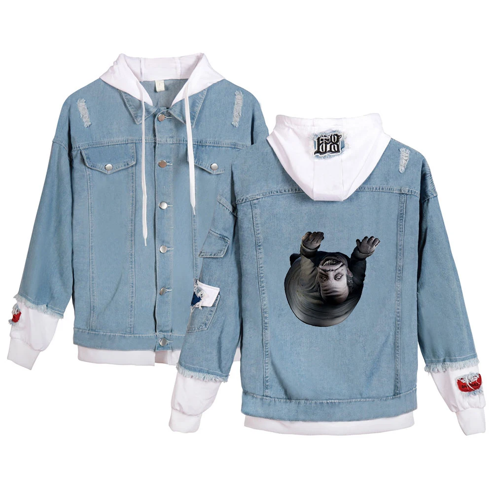 Little Nightmares Jacket Female Fake Two Piece Denim Jackets Long Sleeve Pockets Hooded Coat Boy  Girl Streetwear