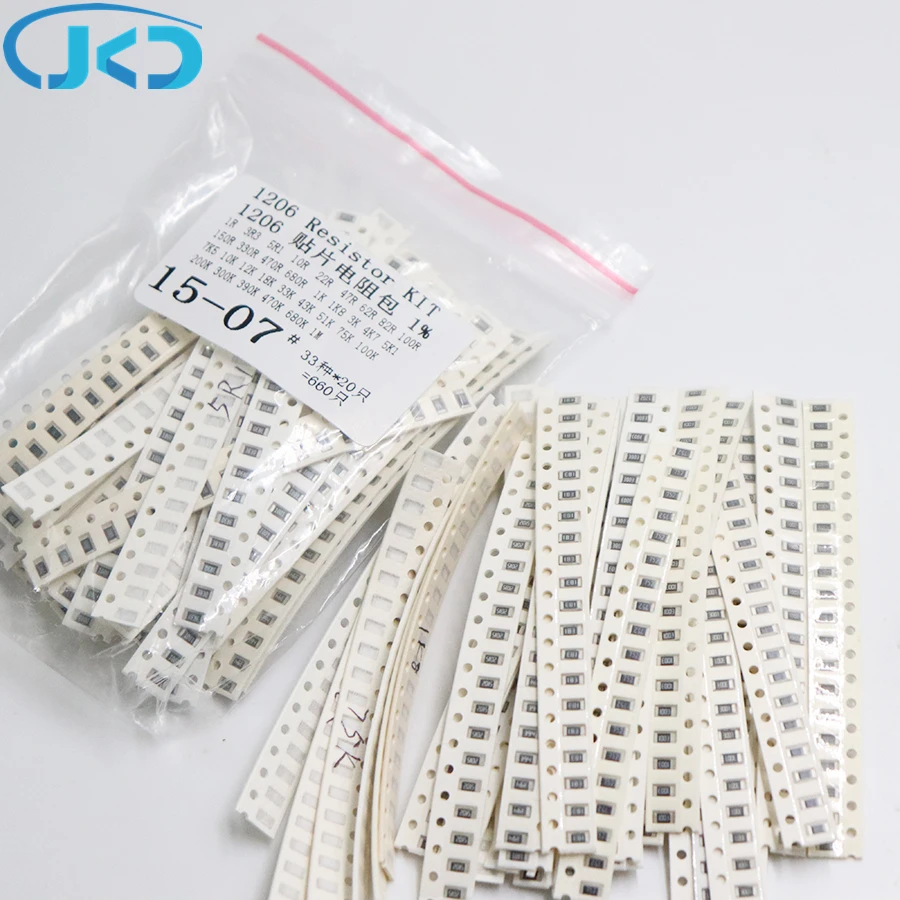 

33values*20pcs=660pcs 1206 Resistor Kit Assorted 1R to 1M ohm 1% SMD Sample Kit DIY 3.3R 5.1R 10R 47R 62R 82R 1K 10K