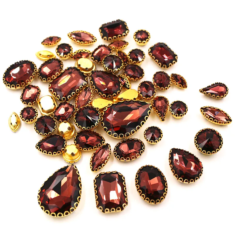 

Wedding Decoration 50pcs/bag Mixed shape Wine red Diy Trim Crystal Stone Gold Lace Claw Rhinestone Sew on Clothes/Shoe/Dress