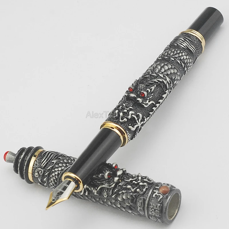 

Jinhao Ancient Fountain Pen Grey Tower Cap Small Double Dragon Playing Pearl Metal Carving Embossing Heavy Pen Gift For Writing