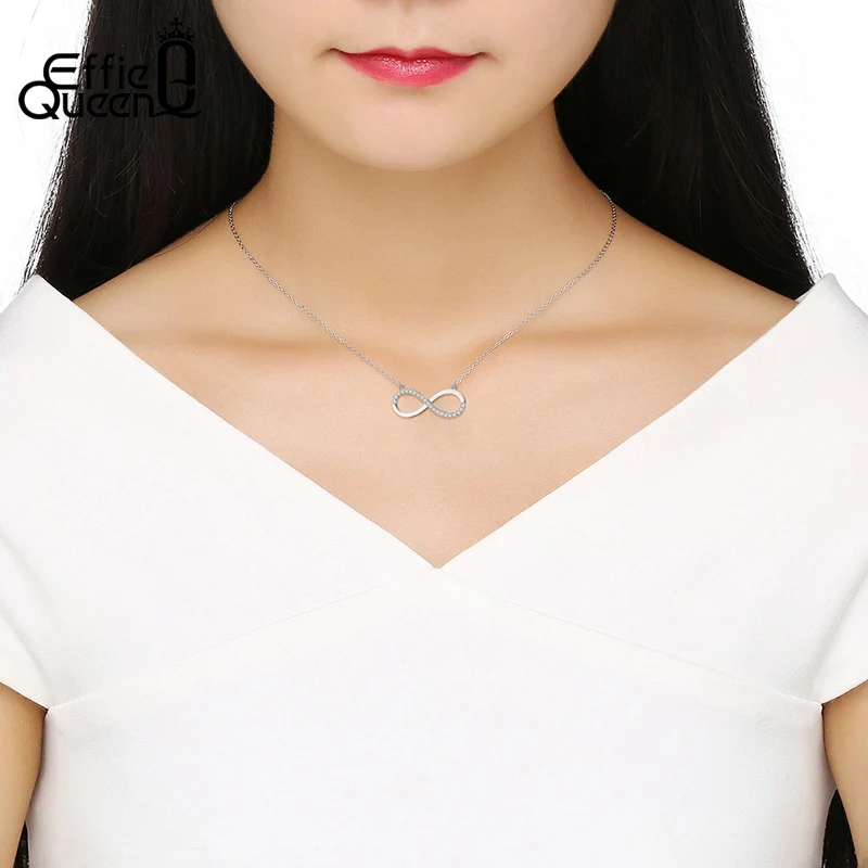 Effie Queen Real 925 Silver Dainty Infinity Love Sign Pendant Women Necklace Charm AAAA Zircon Women Necklaces Jewelry DSN192