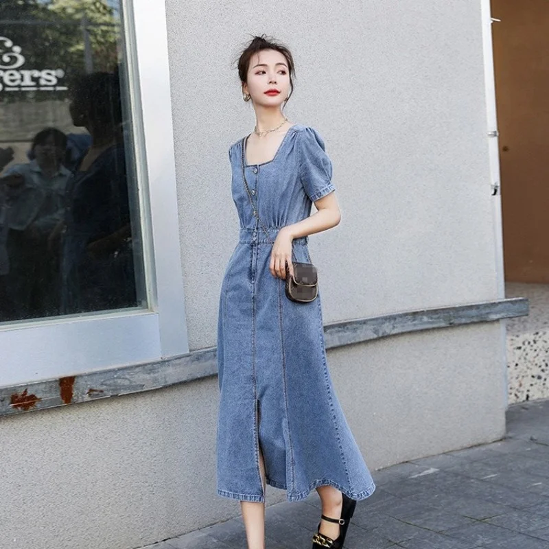 

Women Summer Short Sleeve Square Collar Mid Calf Long Denim Dress Vintage Elegant Office Ladies Belted Slim Fit Mermaid Dresses