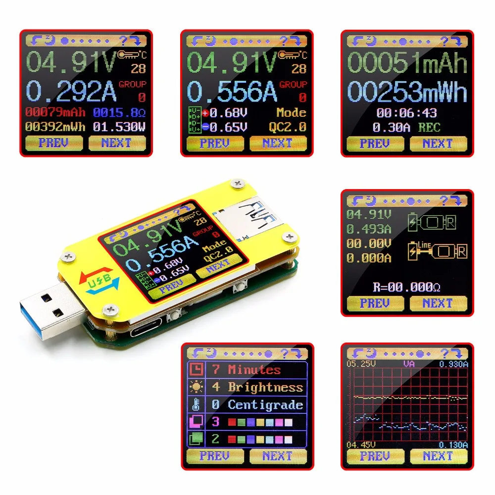 UM24/UM24C UM25/UM25C UM34/UM34C Type-C USB Voltmeter Ammeter Resistance Meter Charging Voltage Current Tester LCD Color Display