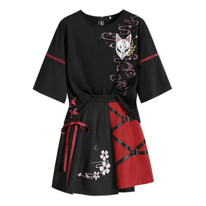 Anime Japanese Red Ribbon Girl Lolita T-shirt Short Skirt Set Adult Fox Hanfu Dress Halloween Cosplay Costume