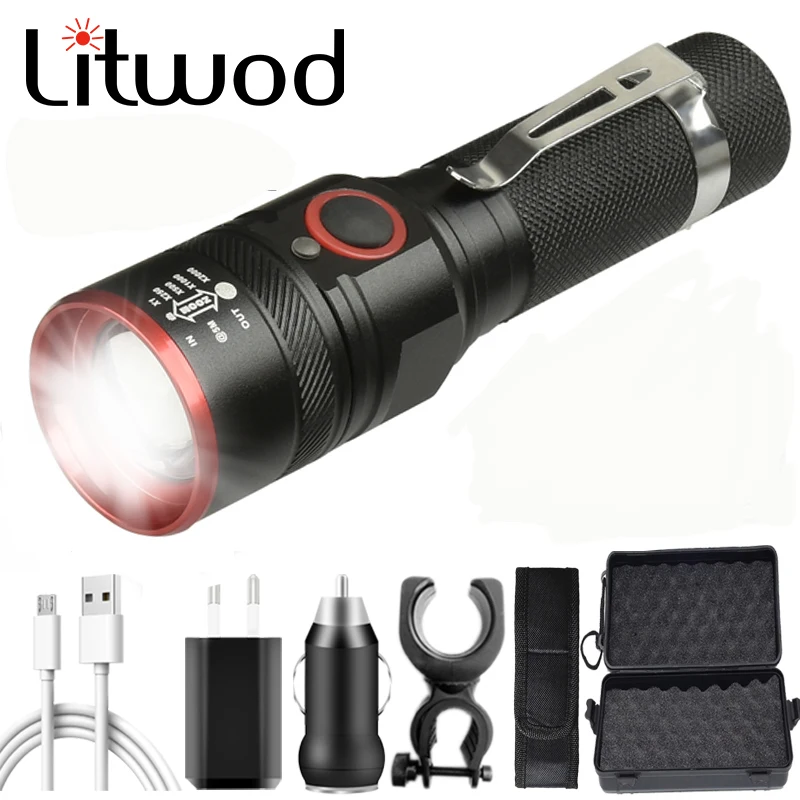 

XM-L T6 Led Flashlight 3000lm USB Rechargeable 18650 Battery Torch Aluminum Waterproof 3 Mode Lantern for Cycling Camping Litwod