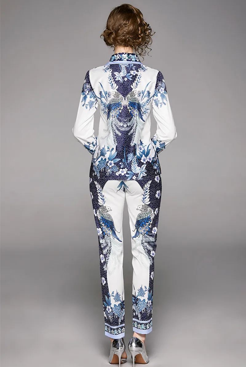 BLLOCUE 2020 Spring Designer Runway Suit Set 2 Piece Set Women Vintage Flower Print Long Sleeve Shirt Blouse+Pencil Pant Suit