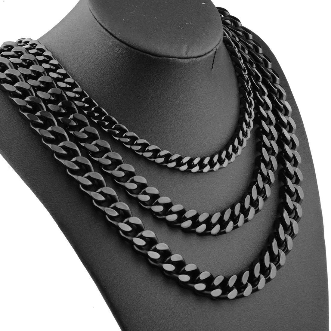 Granny Chic New Fashion 9/11/13/15mm Stainless Steel Miami Curb Cuban Chain Necklaces Mens Lock Clasp Black Punk jewelry