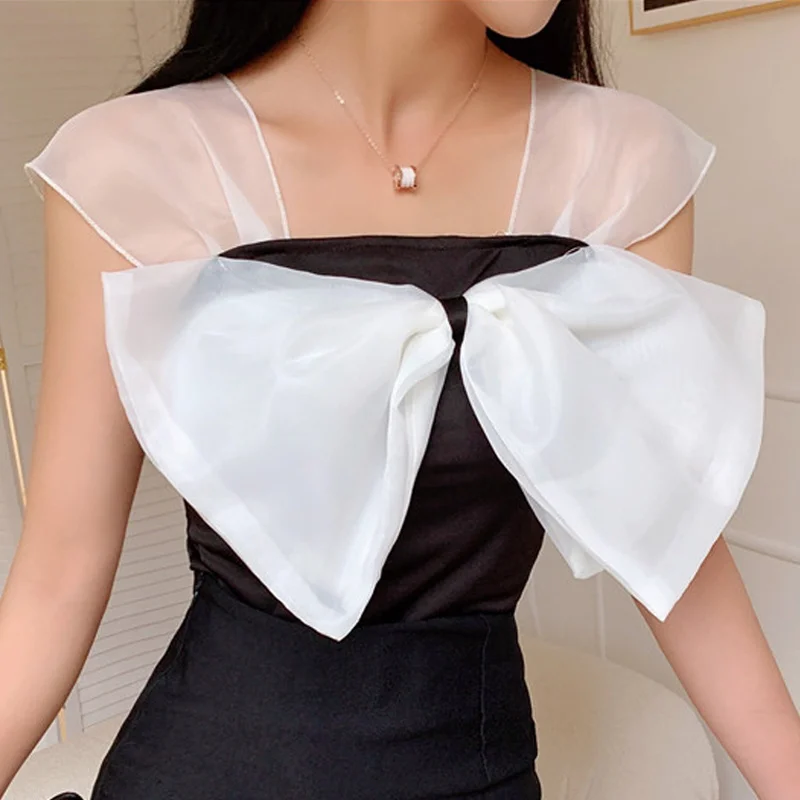 Chiffon Sleeveless Pullovers Women Blouse Blusa Feminina Summer Korean Sling big Bow Square Collar Ladies tops black white