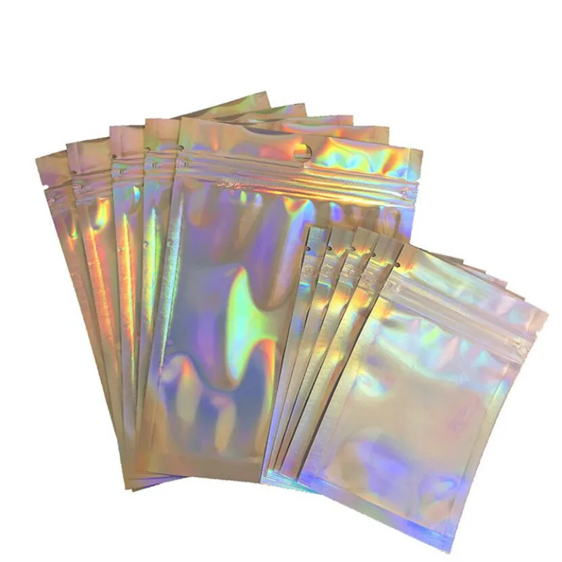 100Pcs Iridescent Zip lock Bags Pouches Cosmetic Plastic Laser Iridescent Bags Holographic Makeup Bags Hologram Zipper Bags