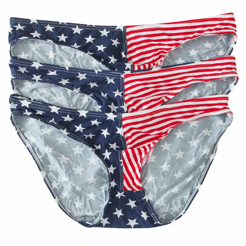 3 Piece Sexy Mens Briefs Jockstrap Slips Hombre Underwear American Flag Stripe Printed Thong G-String Gay Panties Boxershorts