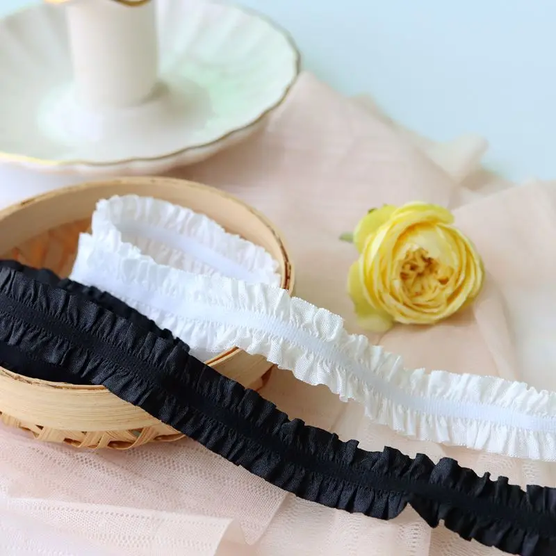 2CM Wide White Black Stain Folded Stretch Lace Fabric Ribbon Collar Elastic Ruffle Trim Apparel Dress Chothing DIY Sewing Decor