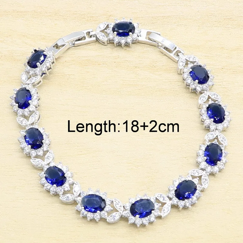 Blue Sapphire 925 Silver Bridal Jewelry Sets Earring For Women Pendant Necklace Ring Bracelet Free Gift Box