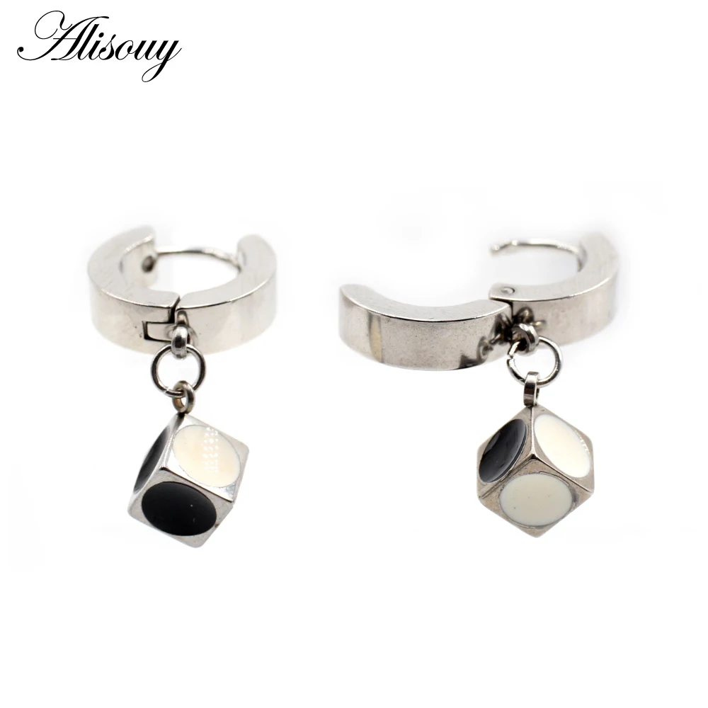 Alisouy 2pcs Punk Stainless Steel Stud Huggie Hoop Earrings for Women Men Cube Square Dice Dangle Earrings Hiphop Goth Earrings