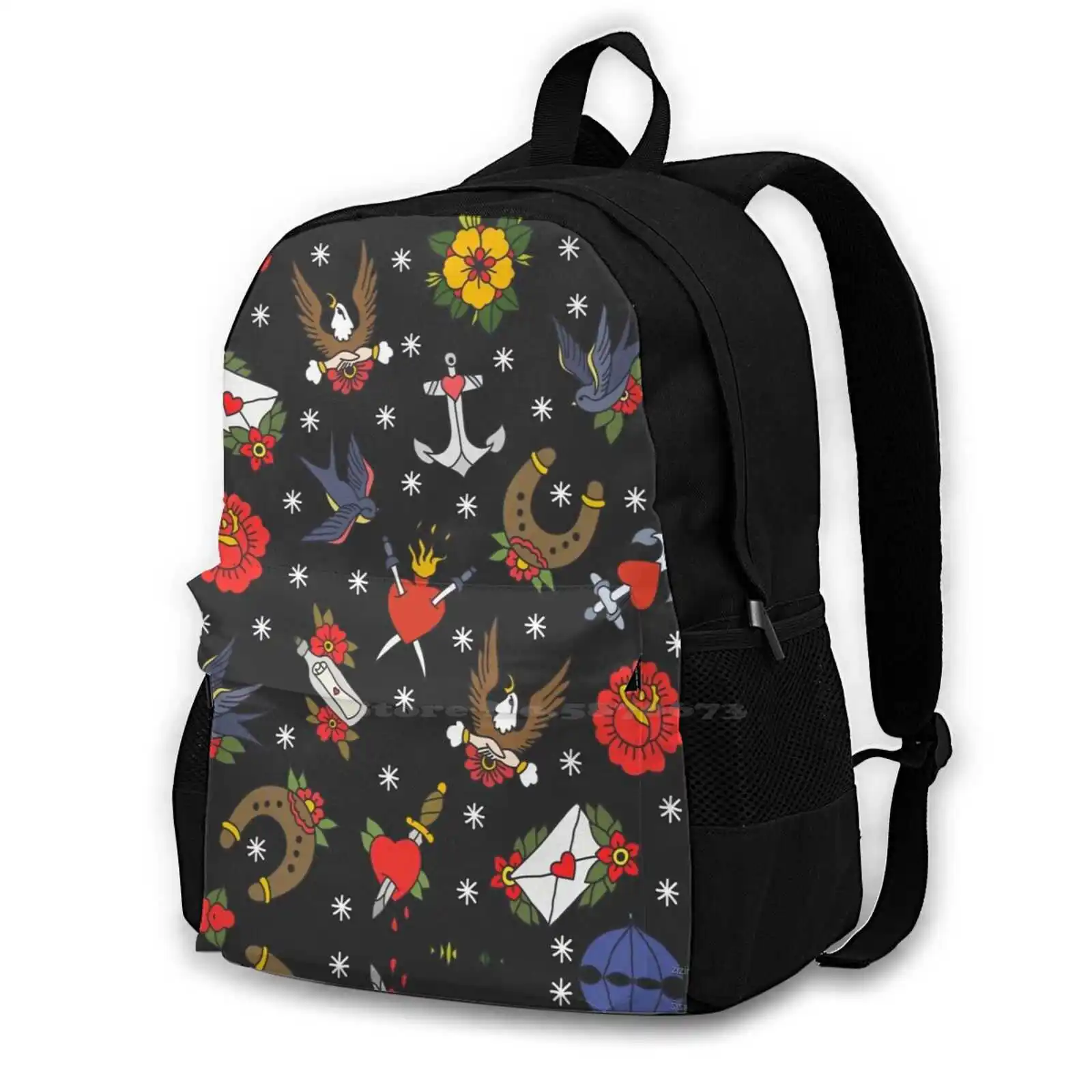 Traditional Tattoo Flash Pattern Design Bag Student'S Backpack Flower Floral Heart Retro Love Pattern Rose Vintage Nature