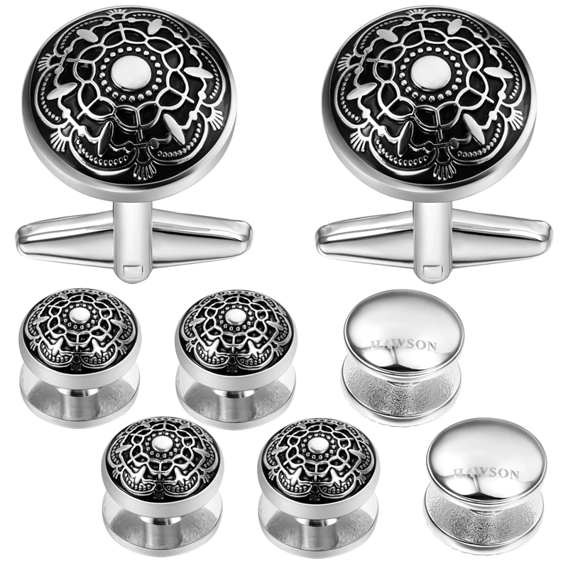 HAWSON Tuxedo Shirt Cufflink Studs Retro Flower Engraved&Black Enamel- Best Wedding Busines Cufflinks For Mens Gifts