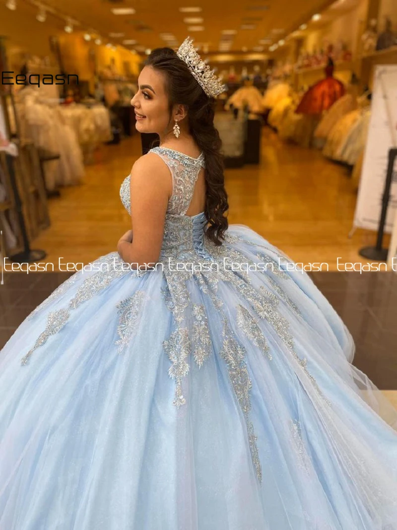 Elegant Sky Blue Baljurk Quinceanera Jurken 2021 Kralen Kant Applique Sweet 16 Dress Masquerade Party Wear Formele