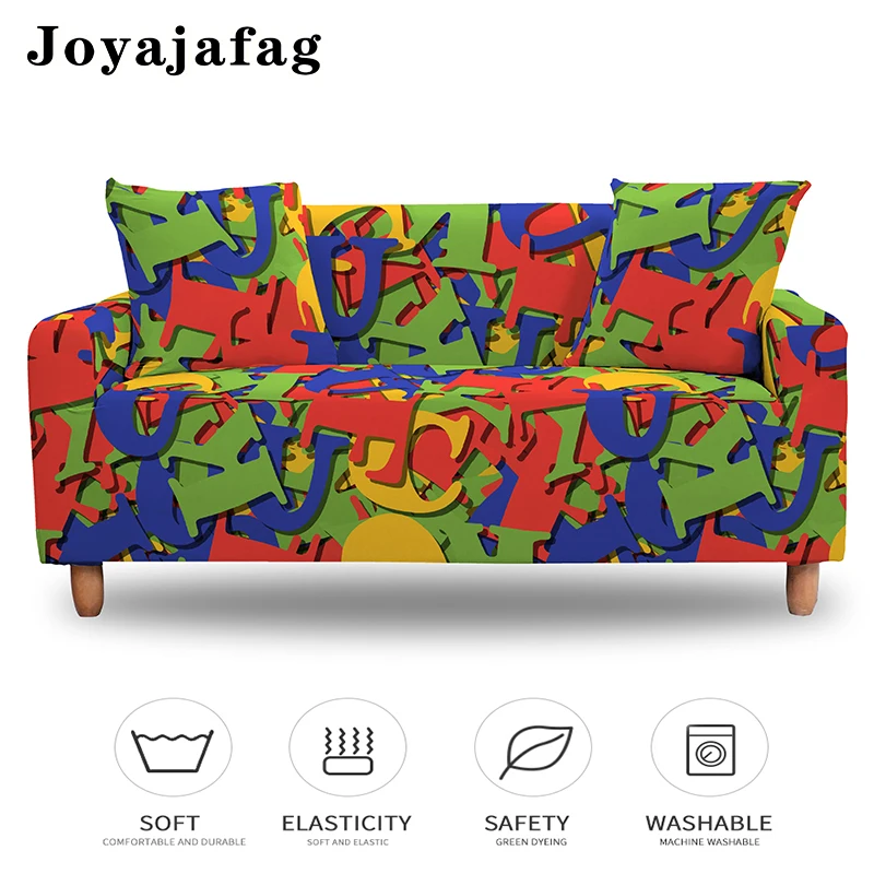 Cartoon English Hand Drawn Letters Couch Cover Combination Stretch Sofa Covers For Living Room L Shape Slip-Resistant Slipcover