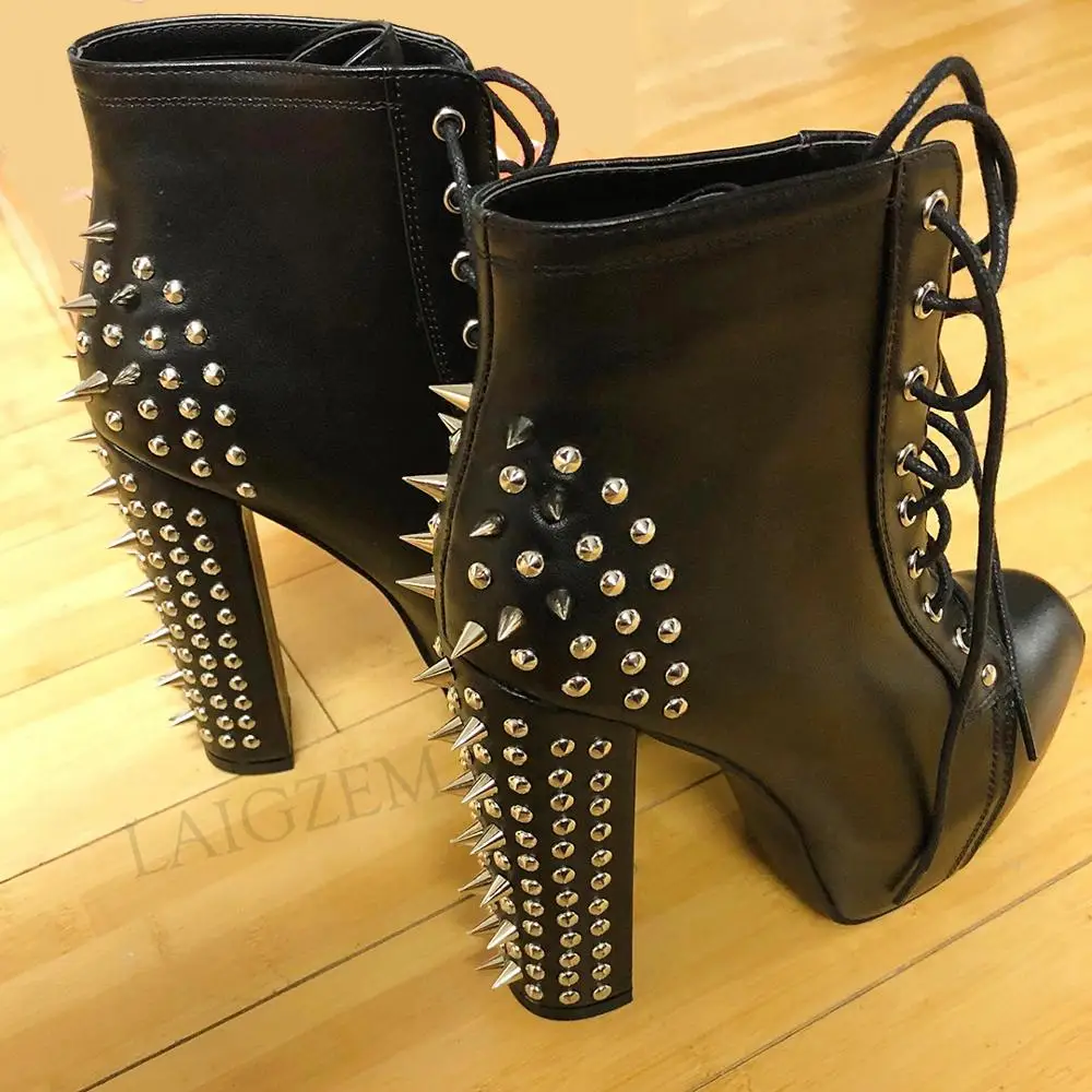 LAIGZEM Studded Women Ankle Platform Booties Chunky High Heels Punk Metal Decro Short Boots Shoes Woman Large Size 43 44 46 47