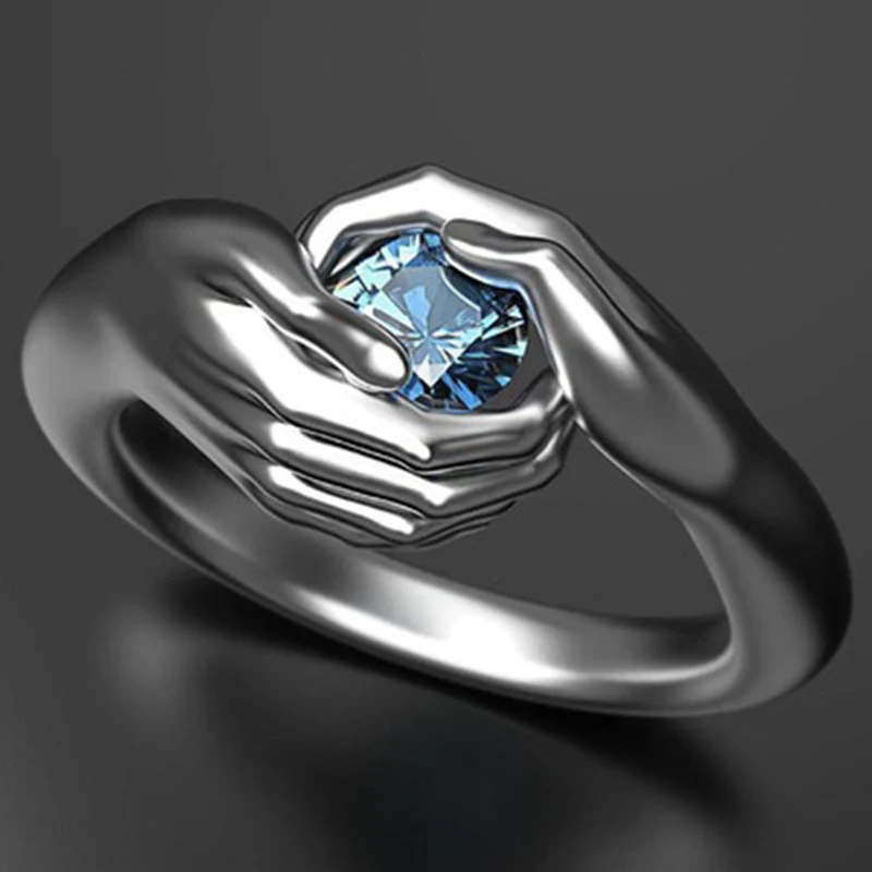 Plata de Ley 925 auténtica anillo de piedra de cristal pareja abrazo anillos abrazándose manos romántico de dedo de aleación de joyería para boda amor Bh