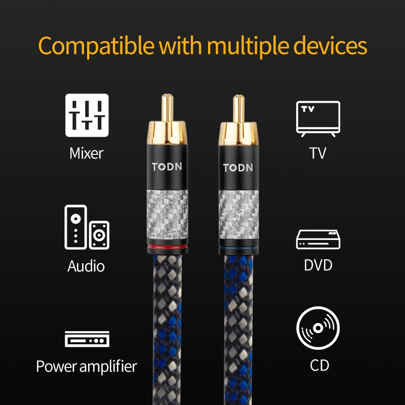 TODN-cable de audio RCA 2 RCA a 2 RCA, Cable de interconexión HIFI estéreo 4N OFC macho a macho para amplificador DAC TV, 1 par