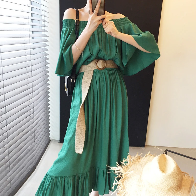 

Women's Spring Summer Fashion Designer Sexy Elastic Slash Neck Off Shoulder Dress Female Chic Casual Loose Dress TB678