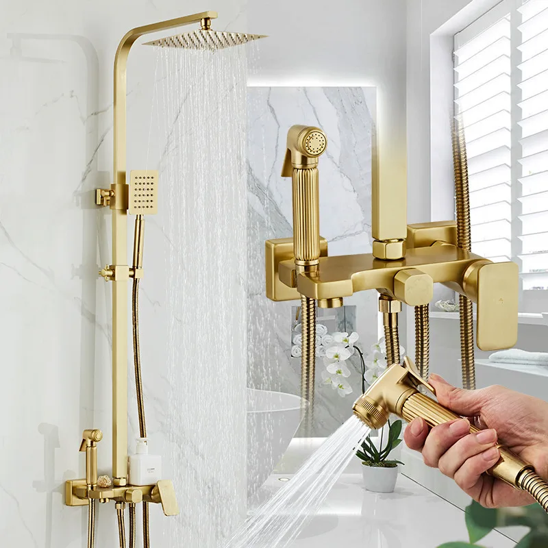 Shower Faucet Set Brushed Gold Bathroom Shower Mier Bathtub Mixer Tap Hand held Shower Wall Mounted Rainfall Bath Crane Shower