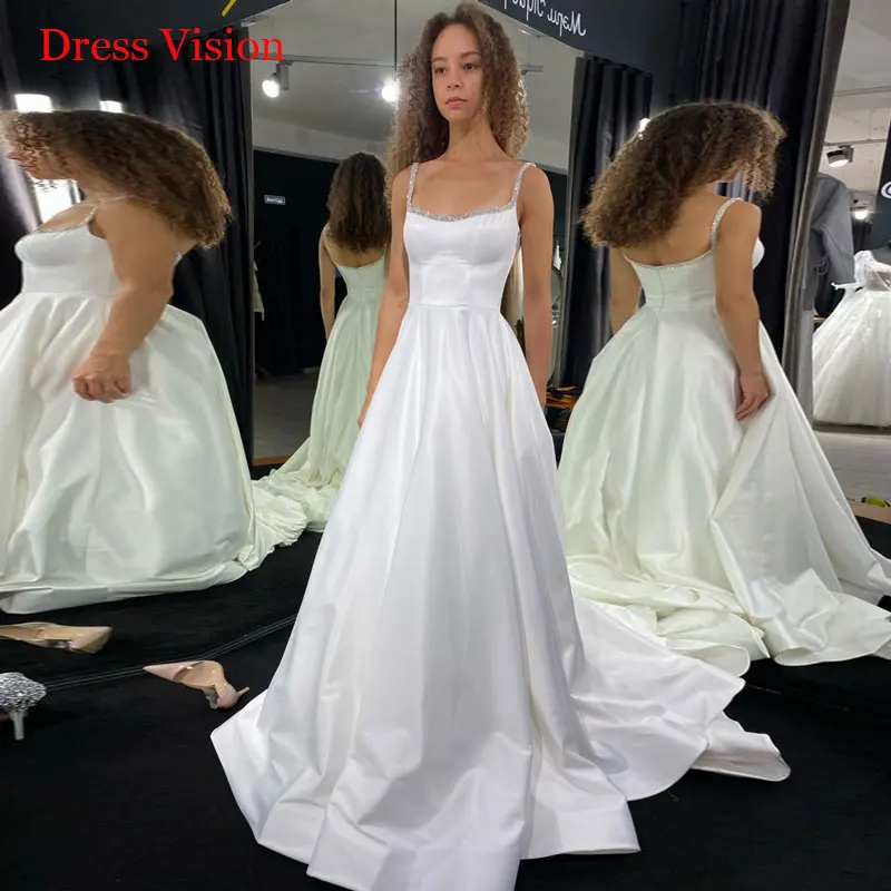 

платья Spaghetti Straps Satin Wedding Dresses Robe De Soirée De Mariage Vestidos De Noiva A-line Sweep Train