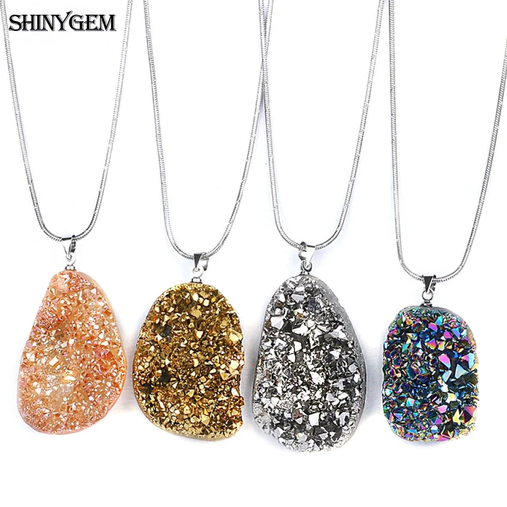 

ShinyGem DIY Irregular Opal Mineral Crystal Druzy TRENDY Pendant Necklace Chakra Big Natural Gem Stone Necklaces For Women