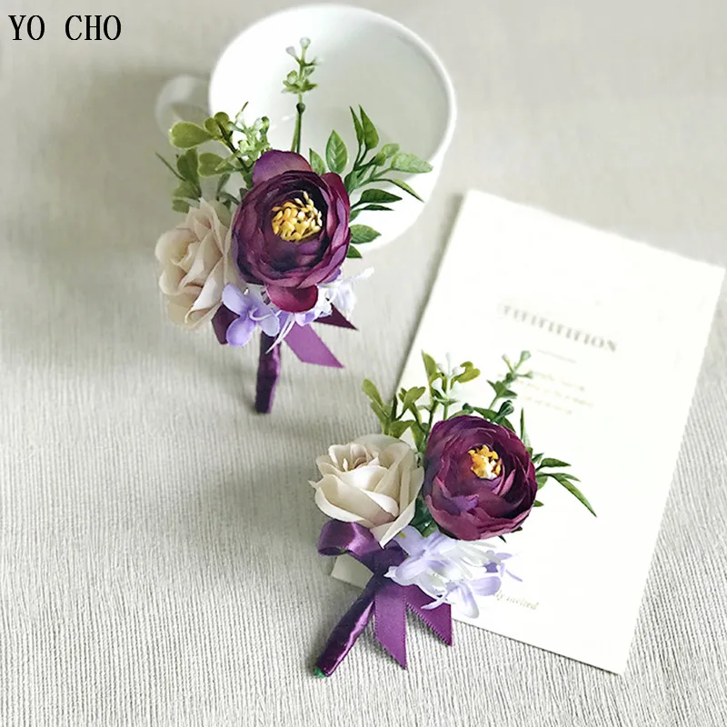 YO CHO Purple Wedding Bracelet Groom Boutonniere Wedding Corsage and Women Brooch Flore Wedding Marriage Corsage Bracelet Flower