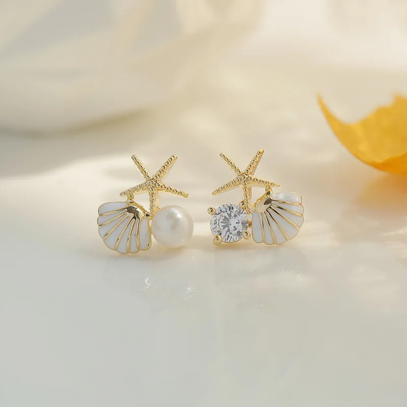 Pendientes de tuerca de concha de estrella de mar para mujer, pendientes pequeños y lindos con perlas de imitación, joyería de boda para banquete de