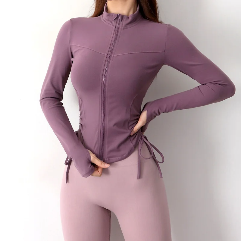 Women Nylon Fitness Sport Jacket  Long Sleeve with Thumb Hole Yoga Shirt Slim Zipper Workout Side Drawstring Training Sportswear