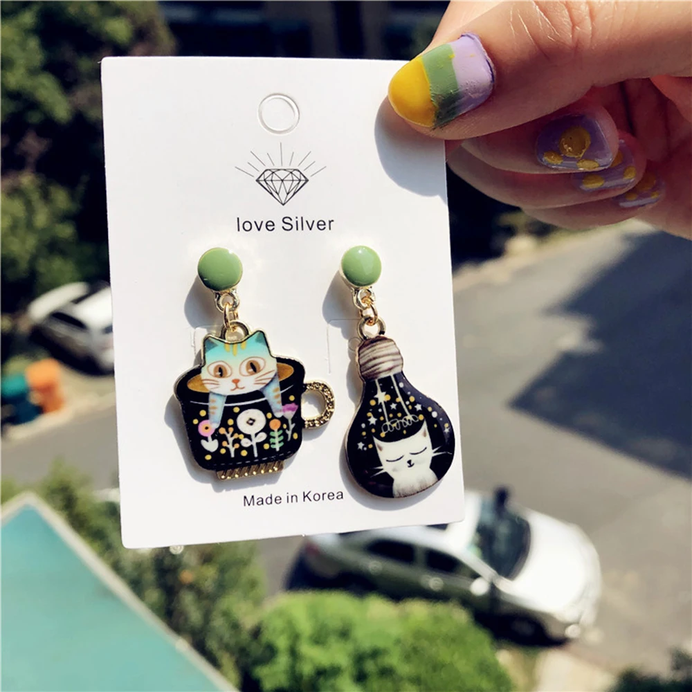 Fashion Light Bulb Cat Cup Cat Enamel Charms New Stud Earrings For Women Cute Animals Pendants Personality Jewelry Gifts