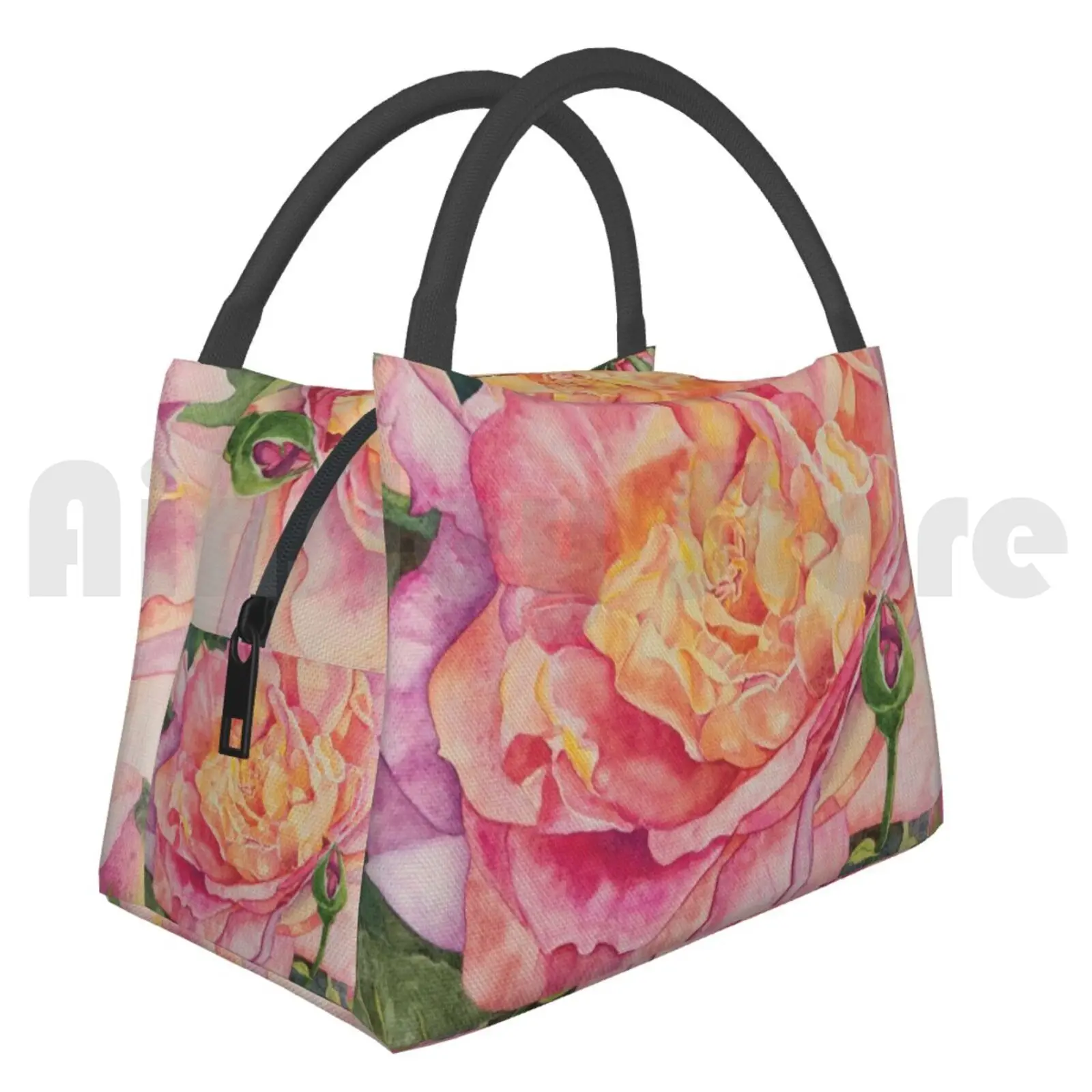 Portable Insulation Bag Elizabeth Rose Watercolor Rose Roses Watercolor Rose Bud Foliage Garden Spring