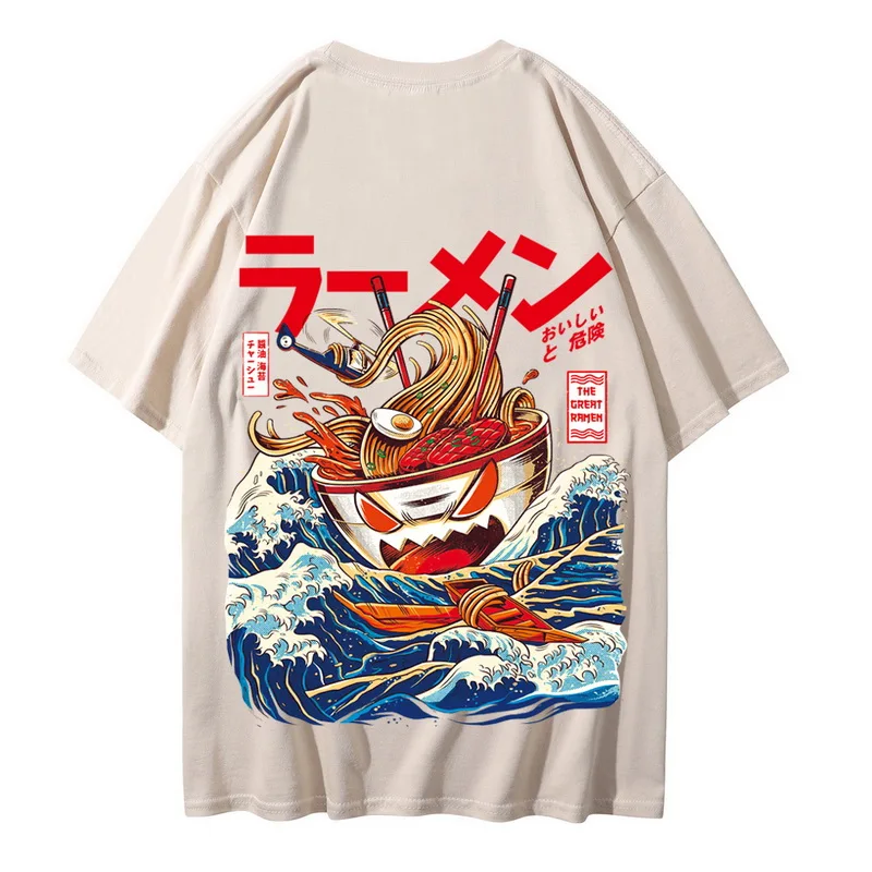 Japanese Harajuku T-Shirt Men 2021 Summer Hip Hop T Shirts Noodle Ship Cartoon Streetwear Tshirts Short Sleeve Casual Top Cotton