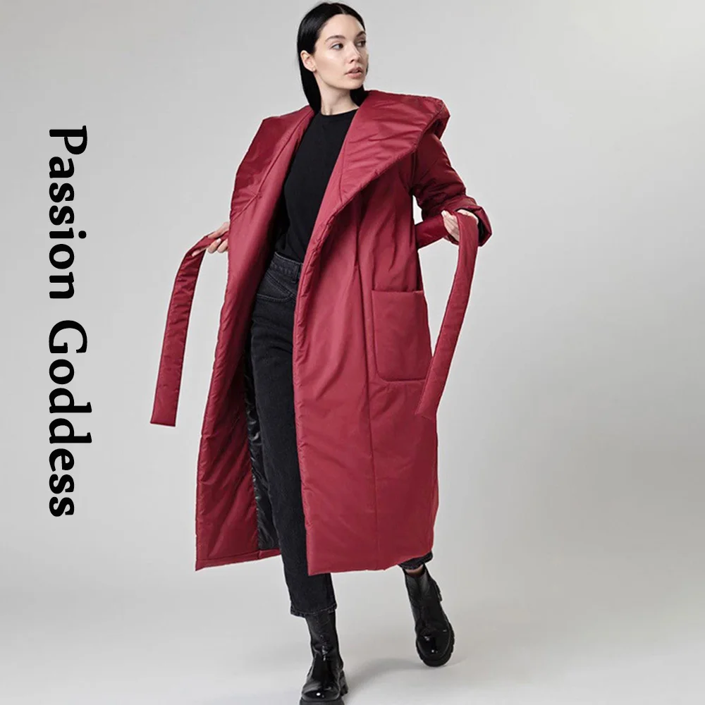 Winter Women Hooded Long Puffer Jackets with Belt Warm Thick Oversized Long Parkas Down Jacket Big Pockets Overcoats Streetwear