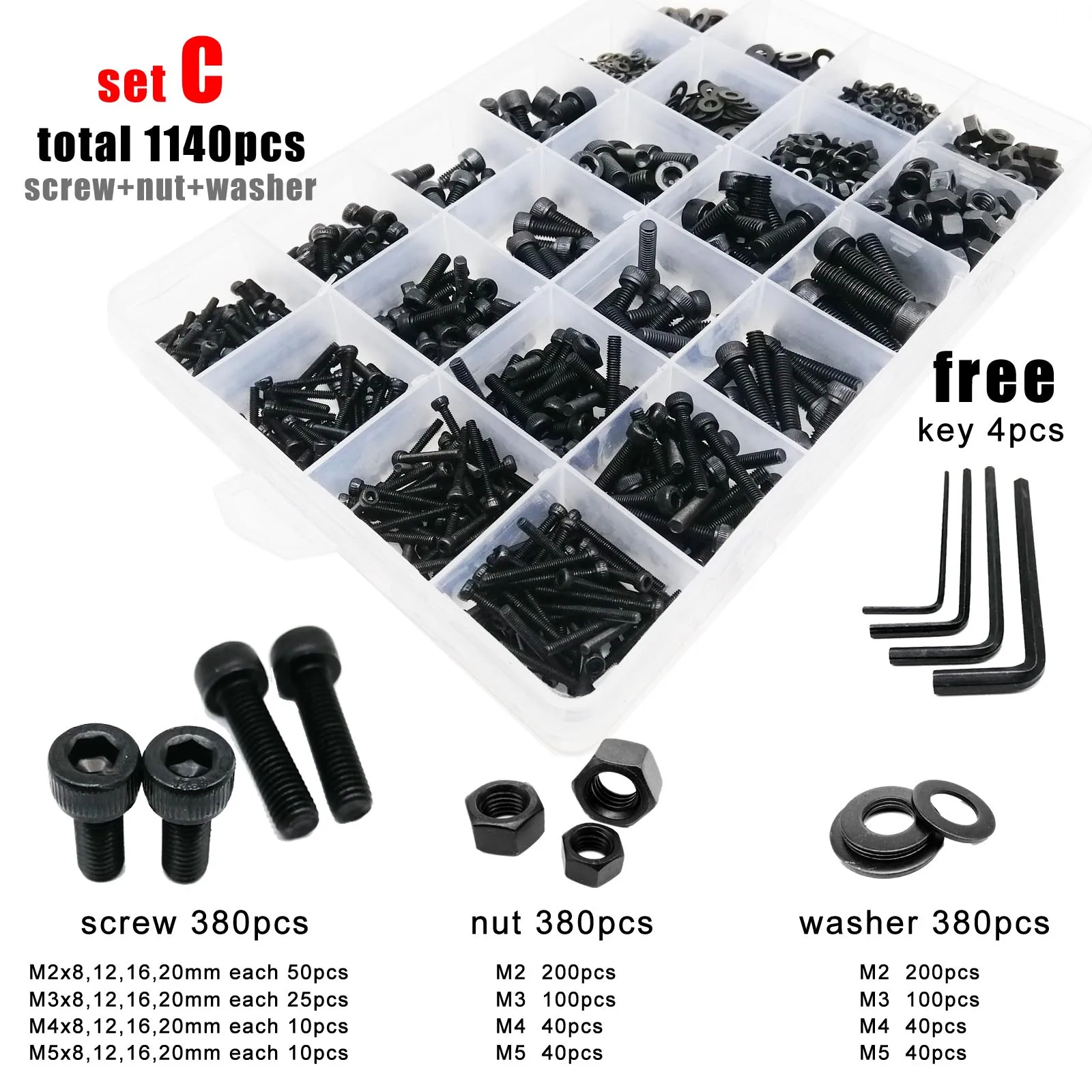 Mix Size M1.6 M2 M2.5 M3 M4 Black Grade 12.9 Steel Allen Hexagon Hex Socket Cap Head Screw Bolt Nut Washer Set Assortment Kit