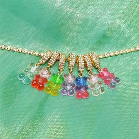 Trendy Jelly Teddy Bear Charm Hip hop Rhinestone Necklace Colour Gummy Pendant Shiny Crystal Gold Color Chain Necklace Jewelry