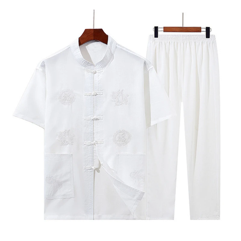 

Oriental Men Tang Suit Traditional Chinese Kung Fu T-shirt Pants Clothing Set Tai Chi Uniform Short Sleeve Linen Blouse Costumes